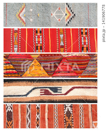Set of vertical or horizontal banners with textures of berber traditional wool carpet with geometric pattern, Morocco, Africa. Handmade carpets collection. Oriental wool rugs with intricate designs 141906778