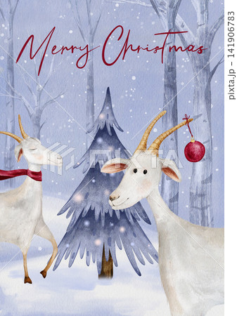 Goats Christmas Greeting Card. Watercolor artwork features two goats in a snowy forest. Christmas tree in festive lights and handwritten "Merry Christmas" in red script. Trendy card fwith symbol 2027 Goats Christmas Greeting Card. Watercolor artwork features two goats in a snowy forest. Christmas tree in festive lights and handwritten "Merry Christmas" in red script. Trendy card fwith symbol 2027 141906783
