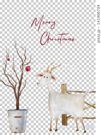 Watercolor illustration cartoon white goat symbol 2027 year. Template card design with handwritten Merry Christmas and bare tree in galvanized metal bucket and wooden fence Watercolor illustration cartoon white goat symbol 2027 year. Template card design with handwritten Merry Christmas and bare tree in galvanized metal bucket and wooden fence 141906784