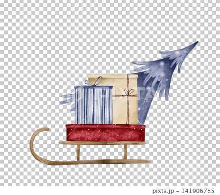 Watercolor illustration of wooden sled carrying blue-striped and beige-wrapped gifts and light blue Christmas tree. Winter holiday composition for holiday invitations, cards and clipart collections 141906785