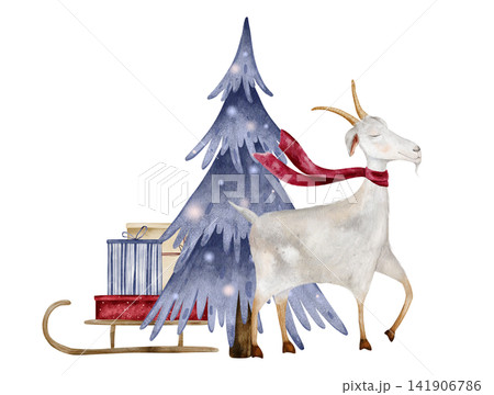 Watercolor illustration of goat with scarf next to blue Christmas tree and sled with gifts gift boxes wrapped in striped blue, dotted red paper. Composition for holiday cards, banners, invitations 141906786