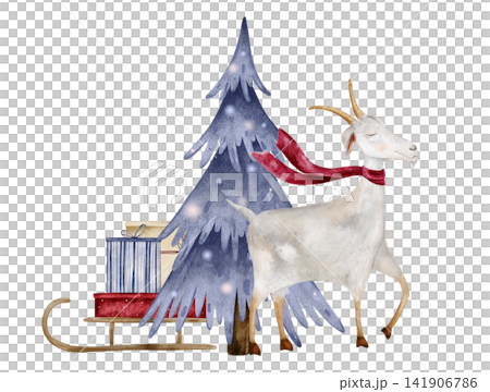 Watercolor illustration of goat with scarf next to blue Christmas tree and sled with gifts gift boxes wrapped in striped blue, dotted red paper. Composition for holiday cards, banners, invitations 141906786