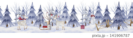Seamless horizontal border with watercolor illustration of goats in winter holiday scene. Hand-painted animals alongside snowy pine trees, red ornaments, and wrapped gifts. Christmas frame for holiday 141906787