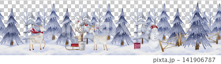 Seamless horizontal border with watercolor illustration of goats in winter holiday scene. Hand-painted animals alongside snowy pine trees, red ornaments, and wrapped gifts. Christmas frame for holiday 141906787