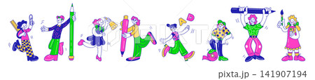 School children. Education character. Happy cute kids. Pupil with pen, book learning. Student with textbook, stationery creative. September schoolboy. Vector tidy knowledge isolated illustration 141907194