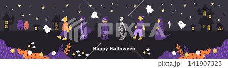 暗い夜空にハロウィンの仮装キャラクターが横一列に並ぶ手描き風の横長バナー背景 141907323