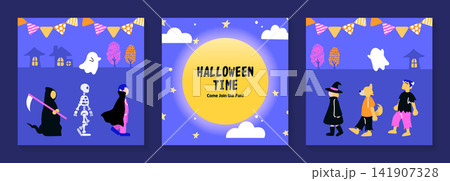 青い夜空に月とガーランドを入れた仮装キャラクターのポップなハロウィン正方形カード3点セット 141907328