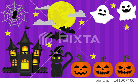 立体風アイコンと紫ストライプのハロウィン背景(コピースペース付き) 立体風アイコンと紫ストライプのハロウィン背景(コピースペース付き) 141907400