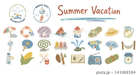 夏休みのレジャーと遊びを描いた手描きアイコンセット 夏休みのレジャーと遊びを描いた手描きアイコンセット 141908384