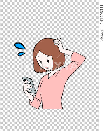一名女子看著她的智慧型手機,神情焦慮不安。 一名女子看著她的智慧型手機,神情焦慮不安。 141908551
