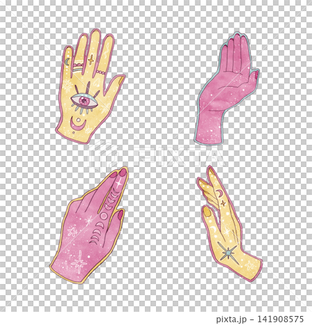 Esoteric hand set with mystical celestial elements, watercolor hand drawn clip art. Whimsical girly illustration collection in pastel colors for boho stickers, tarot cards. Isolated from background Esoteric hand set with mystical celestial elements, watercolor hand drawn clip art. Whimsical girly illustration collection in pastel colors for boho stickers, tarot cards. Isolated from background 141908575