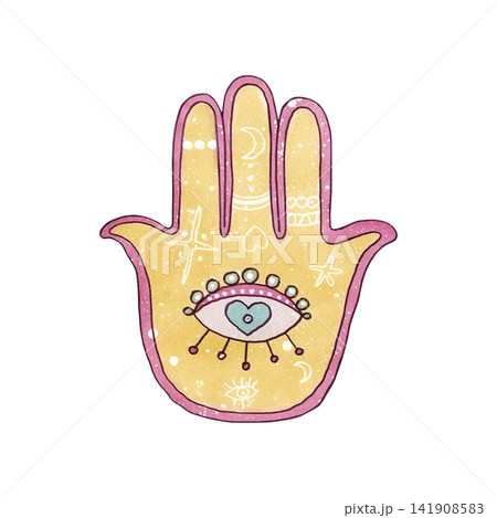Cute watercolor Hamsa hand all-seeing eye in center. Pastel mystical amulet decorated celestial elements, hearts. Girly esoteric protective talisman hand drawn illustration isolated from background Cute watercolor Hamsa hand all-seeing eye in center. Pastel mystical amulet decorated celestial elements, hearts. Girly esoteric protective talisman hand drawn illustration isolated from background 141908583