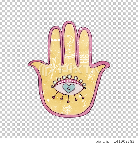 Cute watercolor Hamsa hand all-seeing eye in center. Pastel mystical amulet decorated celestial elements, hearts. Girly esoteric protective talisman hand drawn illustration isolated from background Cute watercolor Hamsa hand all-seeing eye in center. Pastel mystical amulet decorated celestial elements, hearts. Girly esoteric protective talisman hand drawn illustration isolated from background 141908583
