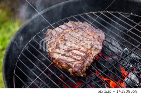 Juicy Beef Steak Grilling on Charcoal Barbecue in Garden Juicy Beef Steak Grilling on Charcoal Barbecue in Garden 141908659