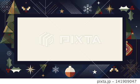 Christmas blank horizontal frame template with abstract element geometric forms modern retro style on navy blue background 141909047