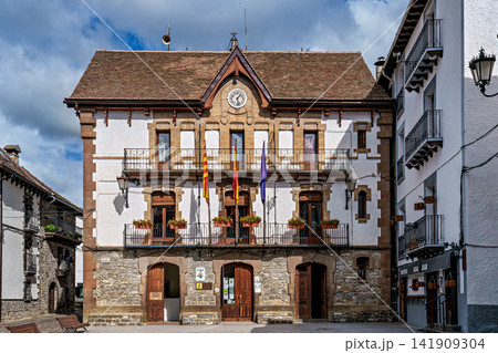 Town hall of the beautiful village Anso, Pyrenees region, Huesca Town hall of the beautiful village Anso, Pyrenees region, Huesca 141909304