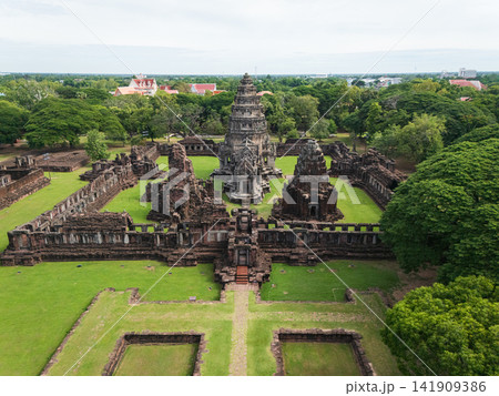 Drone shot the aerial view of Phimai Historical Park. the ancient stone temple Nakhon Ratchasima, Thailand Drone shot the aerial view of Phimai Historical Park. the ancient stone temple Nakhon Ratchasima, Thailand 141909386