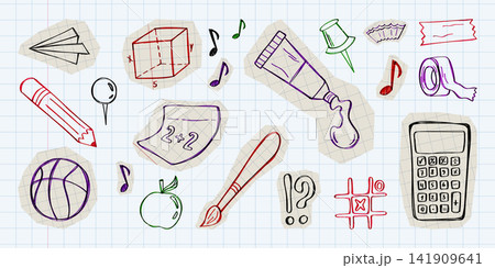 Hand drawn school doodle icons, scketch stickers Hand drawn school doodle icons, scketch stickers 141909641