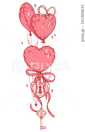 A lock and key hang from pink and red heart shaped balloons. Valentine's Day vector images, love designs, greeting cards , and romantic decorations. Minimalistic style. Floating helium balloon. 141909835