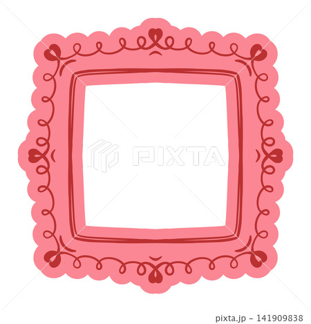 A square frame with a playful bow of pink ribbon and lace. Vector illustration in a Coquette style. A bright, girlish decoration for an invitation or card. A striking, simple illustration. A square frame with a playful bow of pink ribbon and lace. Vector illustration in a Coquette style. A bright, girlish decoration for an invitation or card. A striking, simple illustration. 141909838