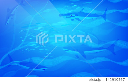Deep Blue Ocean Background with Sharks Swimming,Underwater Marine Life and Hammerhead Shark in Light Rays, Vector Illustration Deep Blue Ocean Background with Sharks Swimming,Underwater Marine Life and Hammerhead Shark in Light Rays, Vector Illustration 141910367