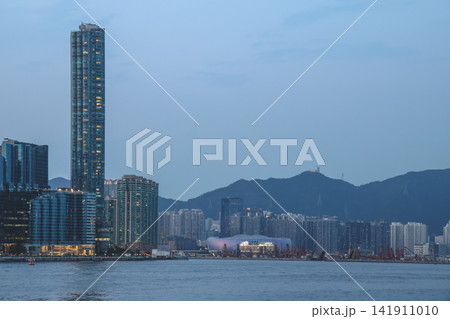Hong Kong Aug 7 2026 HUNG HOM. Dusk waterfront skyline. Hong Kong Aug 7 2026 HUNG HOM. Dusk waterfront skyline. 141911010