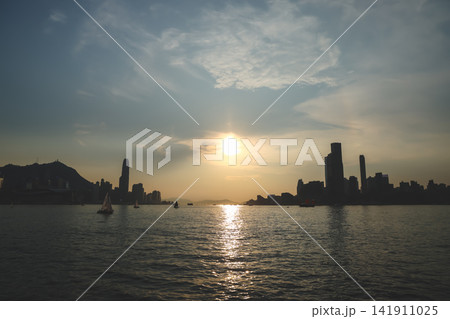Hong Kong Aug 7 2026 Sunset skyline panorama. 141911025