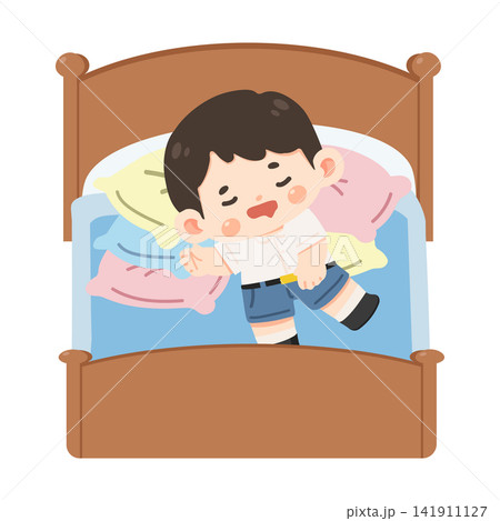Cute Student Boy Sleeping in Bed Cartoon Illustration 141911127