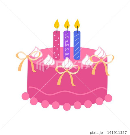 pink birthday cake with candles and ribbons 141911327