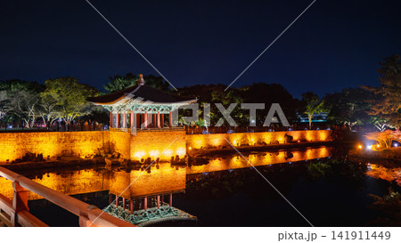 Woljeonggyo Bridge, Gyeongju City, South Korea - Nov. 10, 2024: Night view of bridge. Woljeonggyo Bridge, Gyeongju City, South Korea - Nov. 10, 2024: Night view of bridge. 141911449