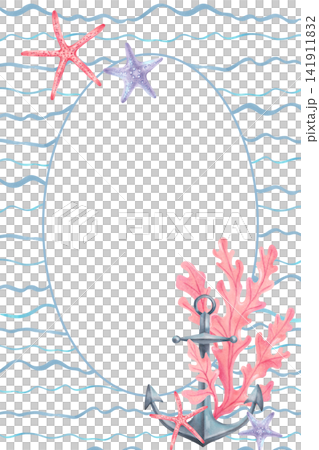 Vertical nautical watercolor frame featuring anchor, seaweed, starfish, and wavy pattern. Hand drawn card design with space for text. For cards, invitations and nautical designs. Template for message. Vertical nautical watercolor frame featuring anchor, seaweed, starfish, and wavy pattern. Hand drawn card design with space for text. For cards, invitations and nautical designs. Template for message. 141911832