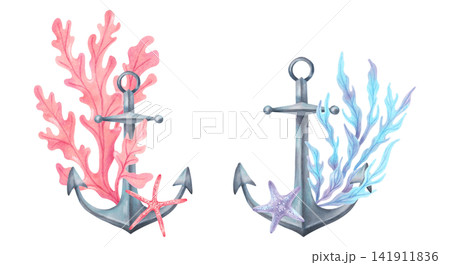 Composition with anchor, starfish and seaweed. Watercolor illustrations. Hand drawn, isolated with images of equipment and animals. Suitable for seascapes, navigation and summer design, invitation. Composition with anchor, starfish and seaweed. Watercolor illustrations. Hand drawn, isolated with images of equipment and animals. Suitable for seascapes, navigation and summer design, invitation. 141911836