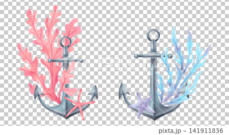 Composition with anchor, starfish and seaweed. Watercolor illustrations. Hand drawn, isolated with images of equipment and animals. Suitable for seascapes, navigation and summer design, invitation. 141911836