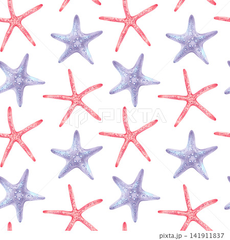 Seamless watercolor pattern with starfish in shades of purple and peach. Hand-drawn illustrations of underwater sea creatures for fabrics, packaging, wallpaper, childrens product and textiles. Seamless watercolor pattern with starfish in shades of purple and peach. Hand-drawn illustrations of underwater sea creatures for fabrics, packaging, wallpaper, childrens product and textiles. 141911837