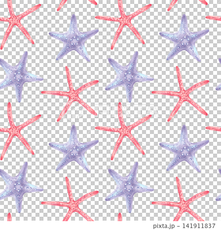 Seamless watercolor pattern with starfish in shades of purple and peach. Hand-drawn illustrations of underwater sea creatures for fabrics, packaging, wallpaper, childrens product and textiles. Seamless watercolor pattern with starfish in shades of purple and peach. Hand-drawn illustrations of underwater sea creatures for fabrics, packaging, wallpaper, childrens product and textiles. 141911837