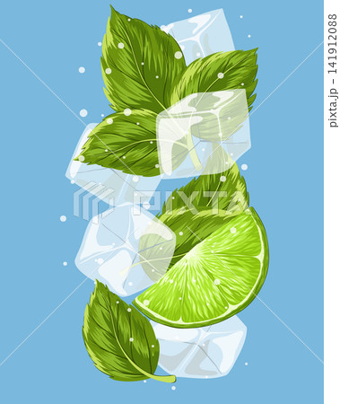 Ice cubes with lime dropping in mineral water. Ice crystal cubes, peppermint, bubbles. Cartoon hand drawn vector illustration. Transparent freeze water for cocktail, soda for cooling.  141912088