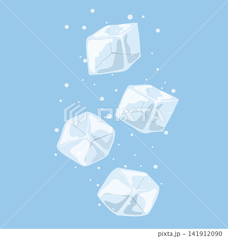 Ice cubes dropping. Ice crystal cubes with water bubbles. Mineral water. Cartoon hand drawn vector illustration. Transparent freeze water for cocktail, beverage, lemonade for cooling. 141912090