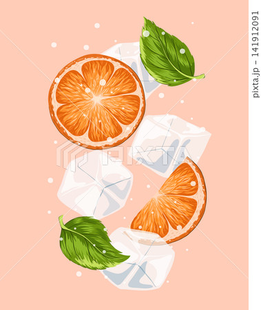 Ice cubes dropping in mineral water with oranges. Ice crystal cubes, peppermint, bubbles. Cartoon hand drawn vector illustration. Transparent freeze water for cocktail, soda for cooling.   141912091