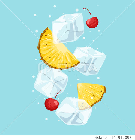 Ice cubes floating with pineapple slices and cherry. Ice crystal cubes dropping in mineral water. Cartoon hand drawn vector illustration. Transparent freeze water for cocktails, beverage for cooling. Ice cubes floating with pineapple slices and cherry. Ice crystal cubes dropping in mineral water. Cartoon hand drawn vector illustration. Transparent freeze water for cocktails, beverage for cooling. 141912092