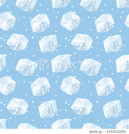 Ice cubes seamless pattern. Ice crystal cubes on blue background. Cartoon hand drawn vector illustration. Transparent freeze water for cocktail, beverage, lemonade. Blue frozen clear crystal pieces. Ice cubes seamless pattern. Ice crystal cubes on blue background. Cartoon hand drawn vector illustration. Transparent freeze water for cocktail, beverage, lemonade. Blue frozen clear crystal pieces. 141912093