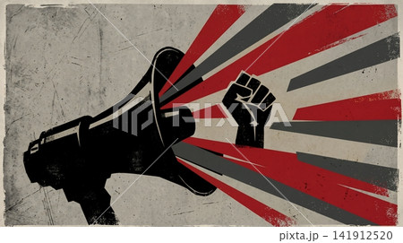 Revolutionary megaphone design featuring raised fist symbolism and bold geometric retro style radial sunburst graphic with stylized megaphone projecting Revolutionary megaphone design featuring raised fist symbolism and bold geometric retro style radial sunburst graphic with stylized megaphone projecting 141912520