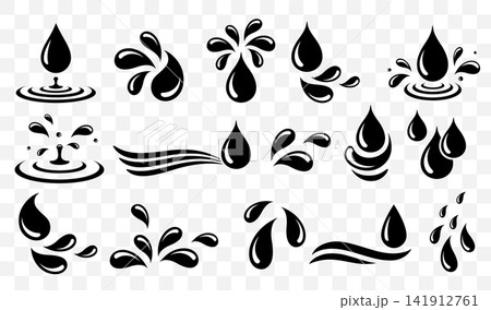 Black splash icons, water falling drops and droplets, oil bubble and wave effect bundle 141912761