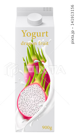 White bottle for dragon fruit yogurt or milkshake. 3d realistic packaging mockup template. Dragon fruit in a milk splash on label plastic bottle isolated on white background, Vector illustration White bottle for dragon fruit yogurt or milkshake. 3d realistic packaging mockup template. Dragon fruit in a milk splash on label plastic bottle isolated on white background, Vector illustration 141913156