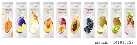 Set of white bottles with yogurt or milkshake. Different fruit flavors. Realistic 3d vector illustration of fruits and berries fillings. Fruits in a milk splash on label bottle isolated on white Set of white bottles with yogurt or milkshake. Different fruit flavors. Realistic 3d vector illustration of fruits and berries fillings. Fruits in a milk splash on label bottle isolated on white 141913158