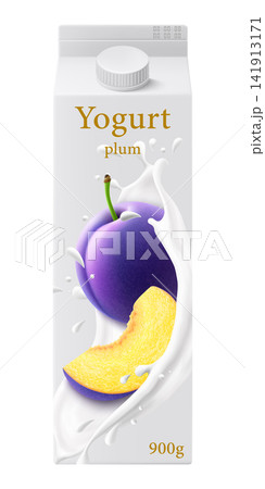 White plastic bottle for plum yogurt, cream or milkshake. 3d realistic packaging mockup template. Ripe plum in a milk splash on label plastic bottle isolated on white background, Vector illustration White plastic bottle for plum yogurt, cream or milkshake. 3d realistic packaging mockup template. Ripe plum in a milk splash on label plastic bottle isolated on white background, Vector illustration 141913171
