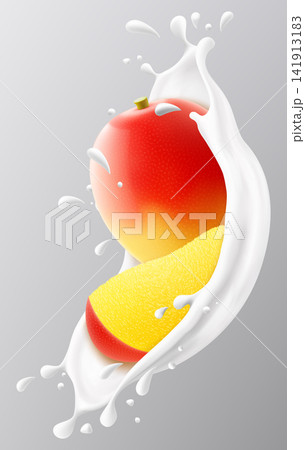 Ripe mango in a milk splash isolated on gray background. Fresh mango dropping into milk or yogurt splash. Milkshake splash with ripe mango. Realistic 3d vector illustration 141913183