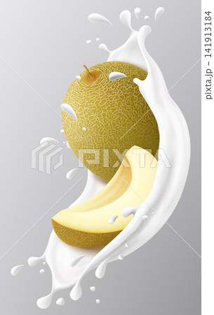 Ripe melon in a creamy milk or yogurt splash with liquid droplets, isolated on a gray background for food design and healthy breakfast concept. Realistic 3d vector illustration Ripe melon in a creamy milk or yogurt splash with liquid droplets, isolated on a gray background for food design and healthy breakfast concept. Realistic 3d vector illustration 141913184
