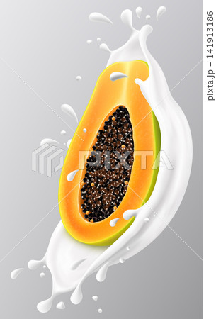 Ripe papaya fruit in a milk splash isolated on gray background. Fresh papaya dropping into milk or yogurt splash. Milkshake splash with ripe papaya fruit. Realistic 3d vector illustration Ripe papaya fruit in a milk splash isolated on gray background. Fresh papaya dropping into milk or yogurt splash. Milkshake splash with ripe papaya fruit. Realistic 3d vector illustration 141913186