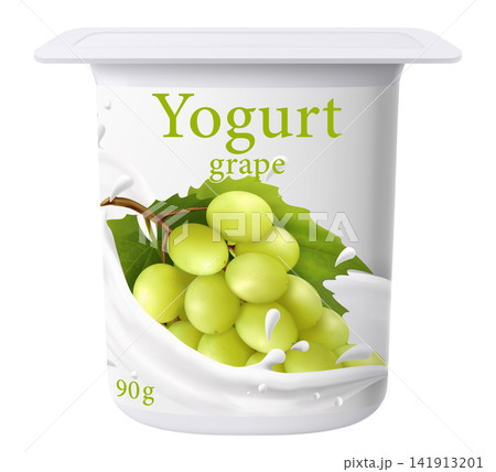 Yogurt package design. Dairy product. Grape flavored yogurt. Closed jar for fermented milk food. Healthy snack. Cream dessert container mockup. 3D pot with foil cap. Vector plastic packaging Yogurt package design. Dairy product. Grape flavored yogurt. Closed jar for fermented milk food. Healthy snack. Cream dessert container mockup. 3D pot with foil cap. Vector plastic packaging 141913201