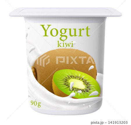 Yogurt package design. Dairy product. Juicy green kiwi flavor. Closed jar for fermented milk food. Healthy snack. Cream dessert container mockup. 3D pot with foil cap. Vector plastic packaging Yogurt package design. Dairy product. Juicy green kiwi flavor. Closed jar for fermented milk food. Healthy snack. Cream dessert container mockup. 3D pot with foil cap. Vector plastic packaging 141913203